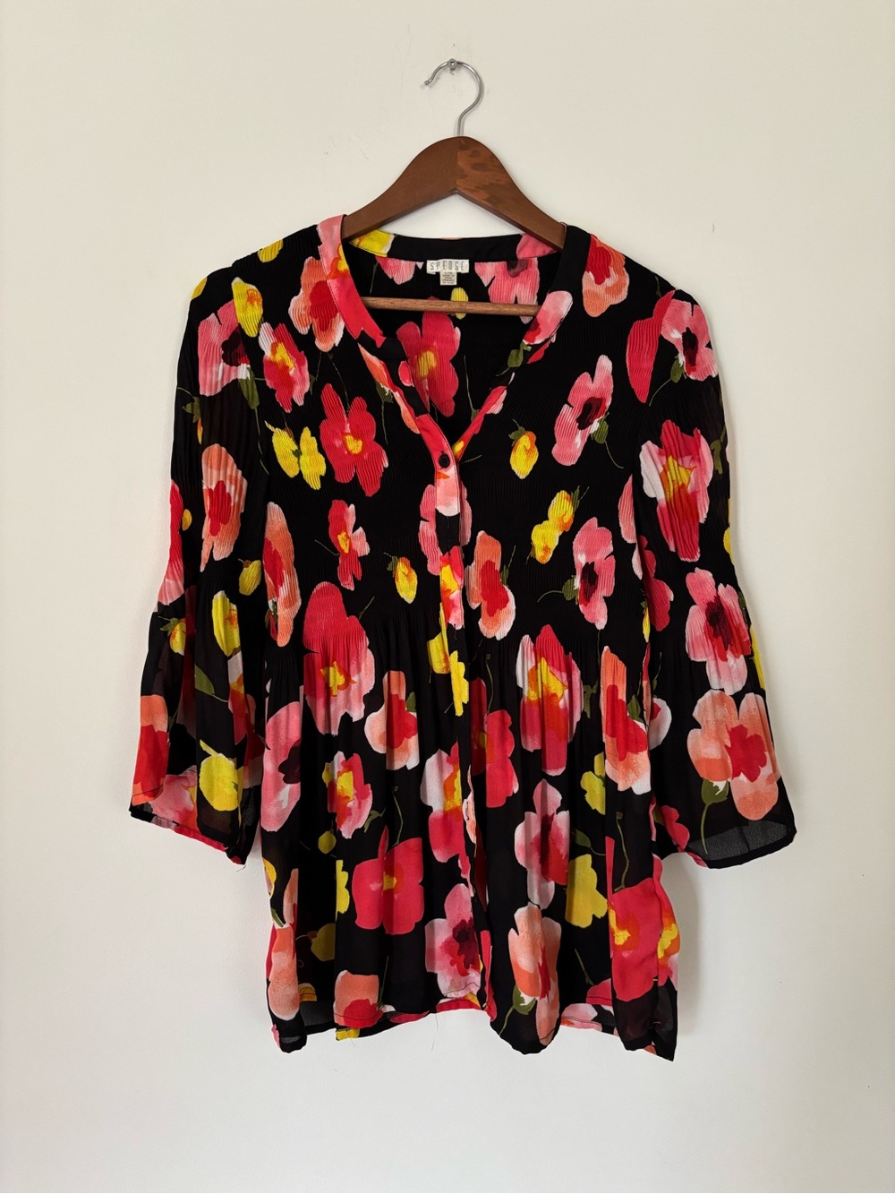 Spense Black Blouse with Pink & Yellow Floral Print